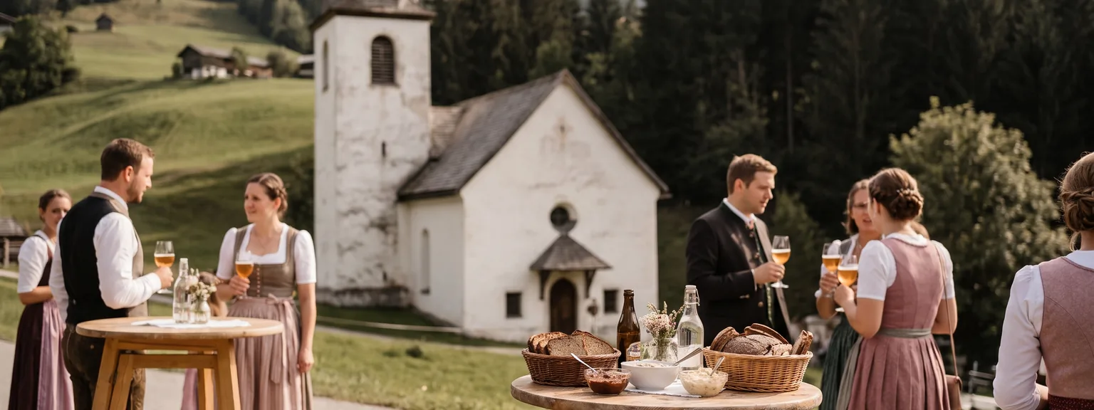 Hochzeitsgäste in Tracht stehen mit Gläsern an Stehtischen mit Brot und Aufstrichen, dahinter eine Dorfkirche mit Zwiebelturm.