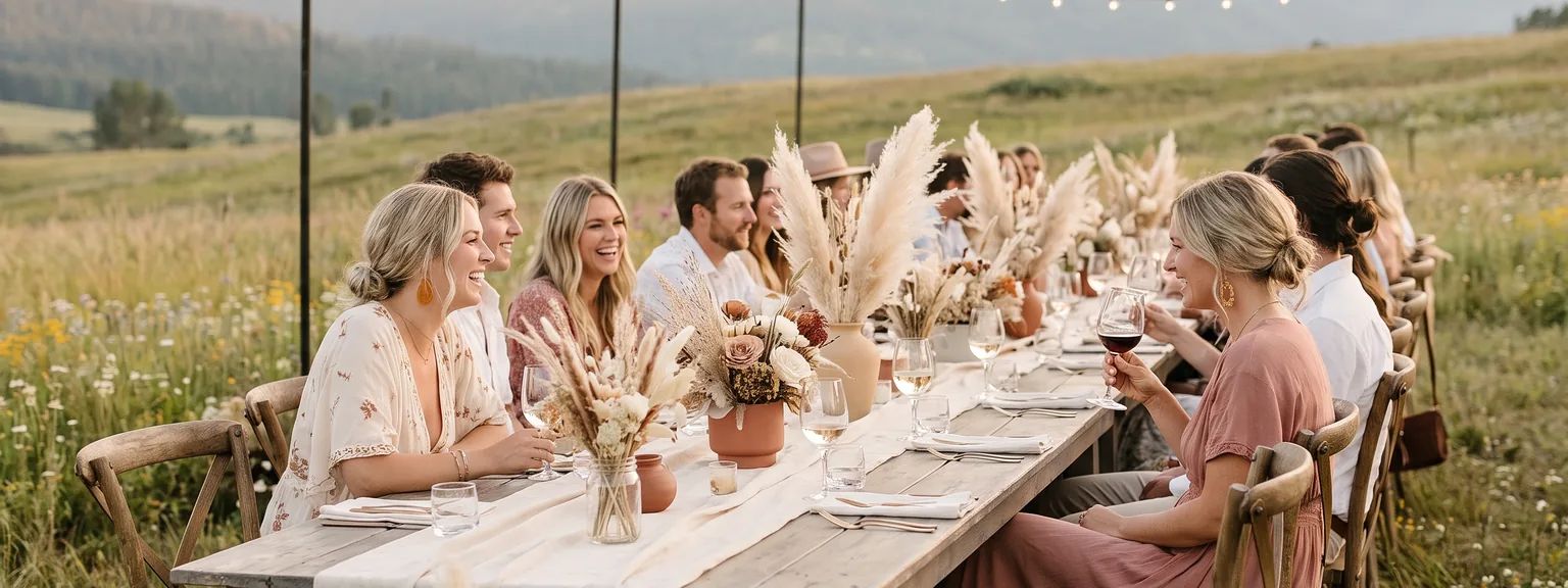 Gäste an einer langen Tafel auf einer Bergwiese, dazwischen Pampasgras und Trockenblumen im Abendlicht.
