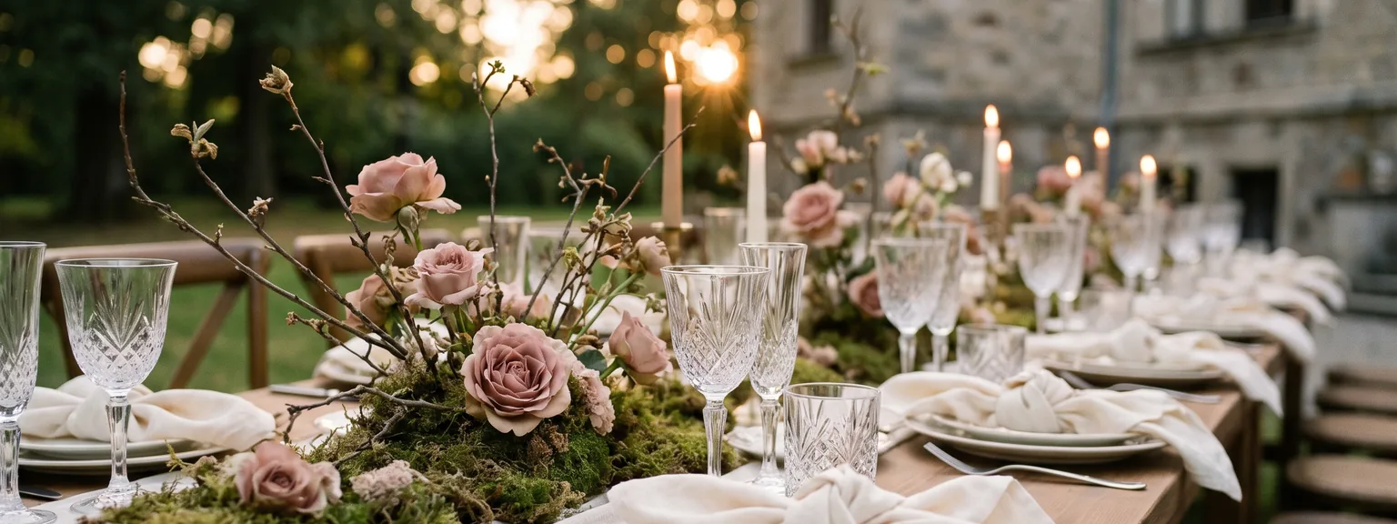 Eine lange festlich gedeckte Tafel mit Tellern, Gläsern und Grünschmuck im Abendlicht.