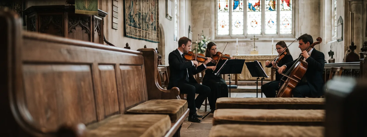 Ein Streichquartett spielt in einer Kirche, im Vordergrund unscharf die Bankreihen.