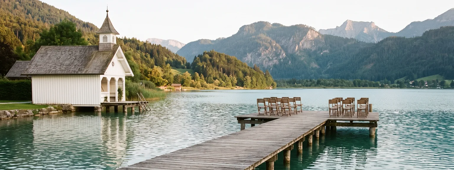 Holzsteg über türkisfarbenem Wasser, am Ende zwei kurze Stuhlreihen, links ein weißes Badehaus mit Türmchen, dahinter bewaldete Hänge.