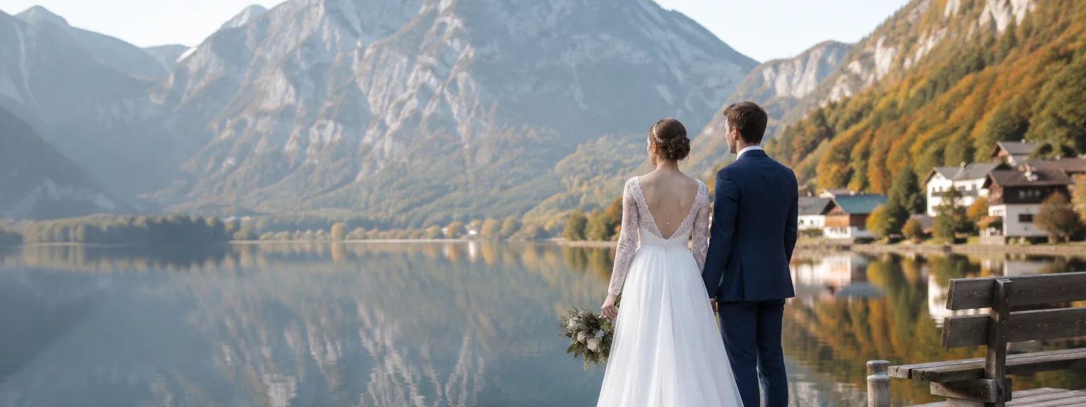 Ein Paar steht auf einem Holzsteg an einem Bergsee, dahinter bewaldete Hänge.