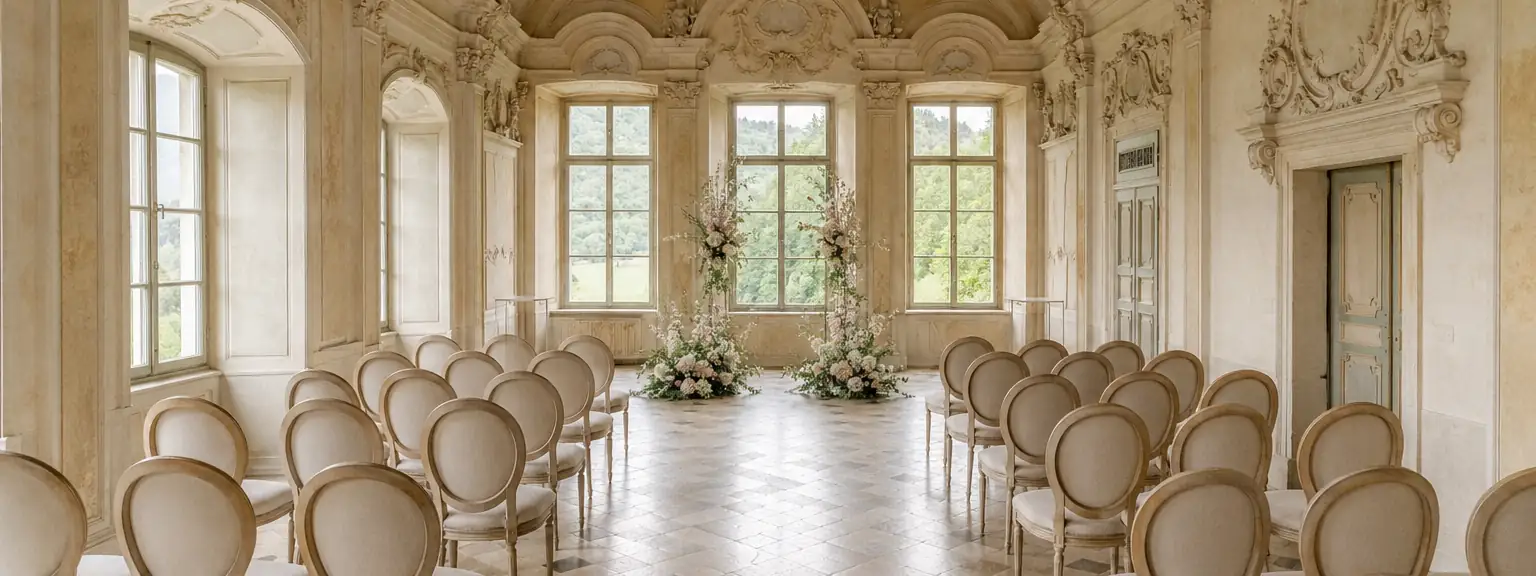 Heller Trauungssaal mit Stuhlreihen und Blumenschmuck vor hohen Sprossenfenstern.